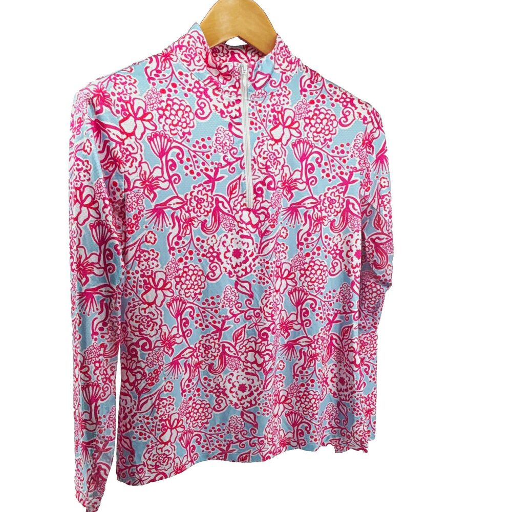 Gottex Women’s Mock Neck 1/4 Zip Pullover M Pink/Blue Floral Stretch Knit